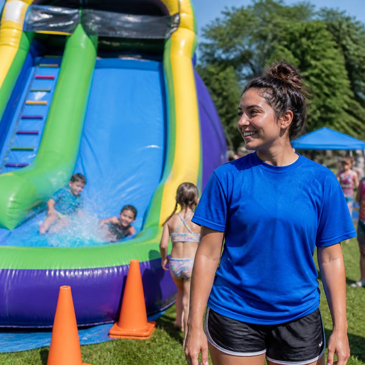 Attendant supervising kids at an inflatable water slide