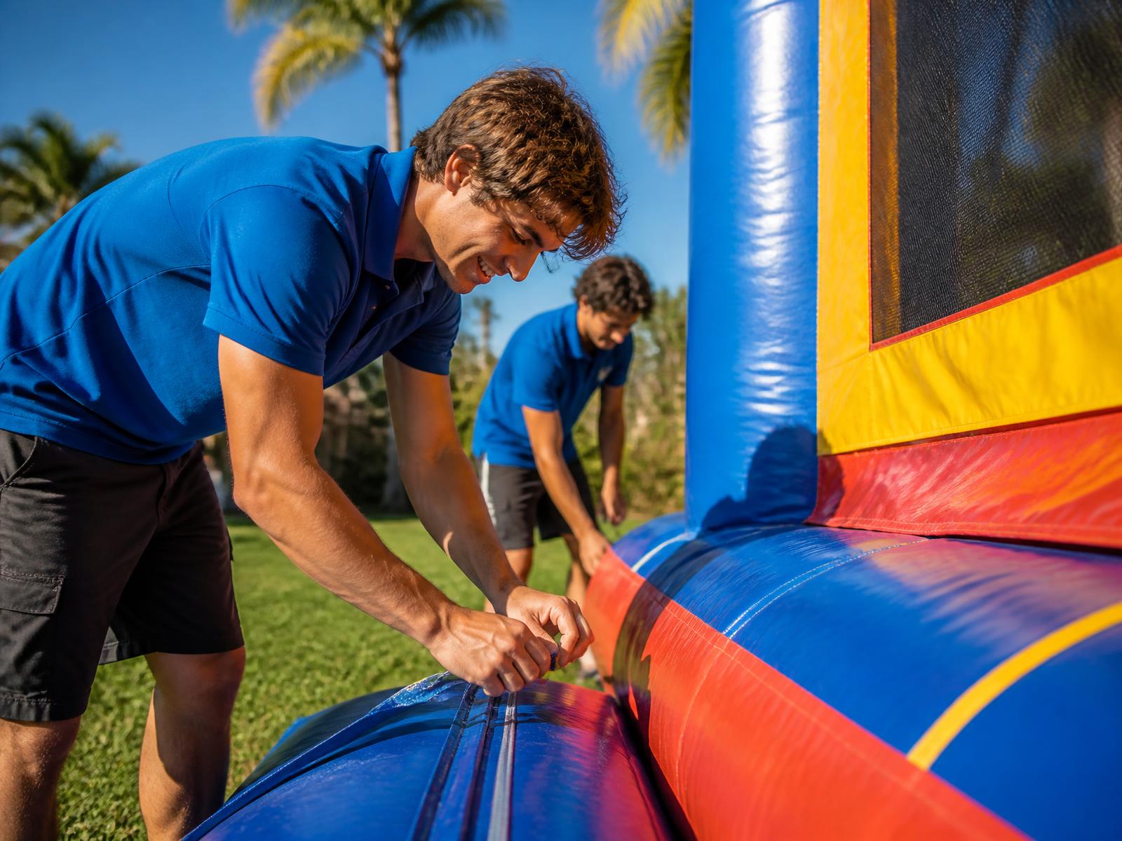 Two crew members setting up a colorful bounce house on a sunny Florida lawn