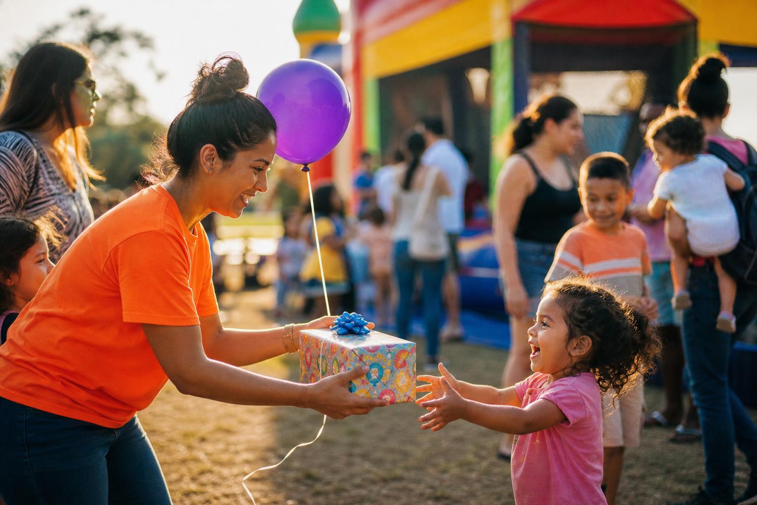 Volunteer handing a wrapped gift and balloon to a smiling little girl at a Bounce, Parties & Events community event