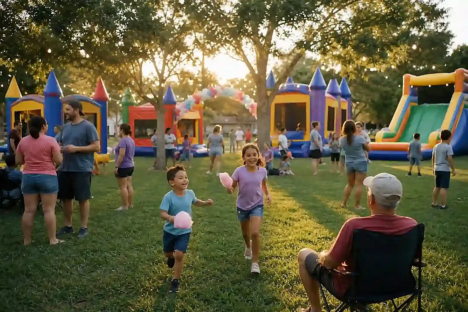 Smiling families and kids celebrating together at a Bounce, Parties & Events community party