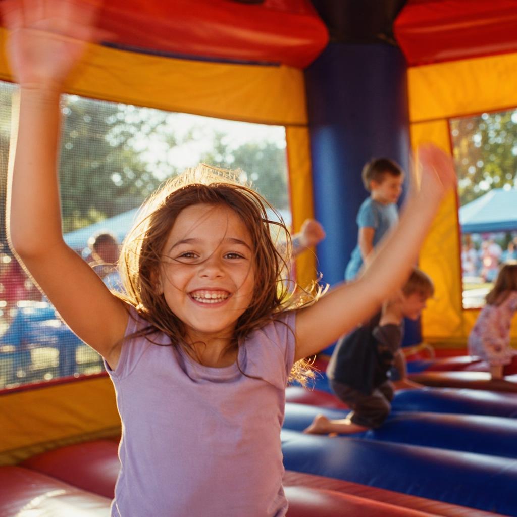 Joyful young girl bouncing with arms raised inside a colorful bounce house