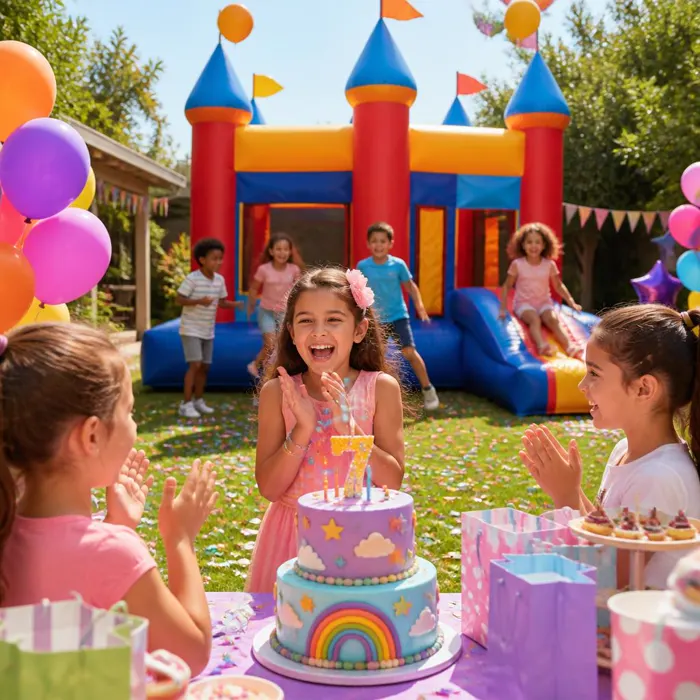 Colorful birthday party with a bounce house and rainbow cake
