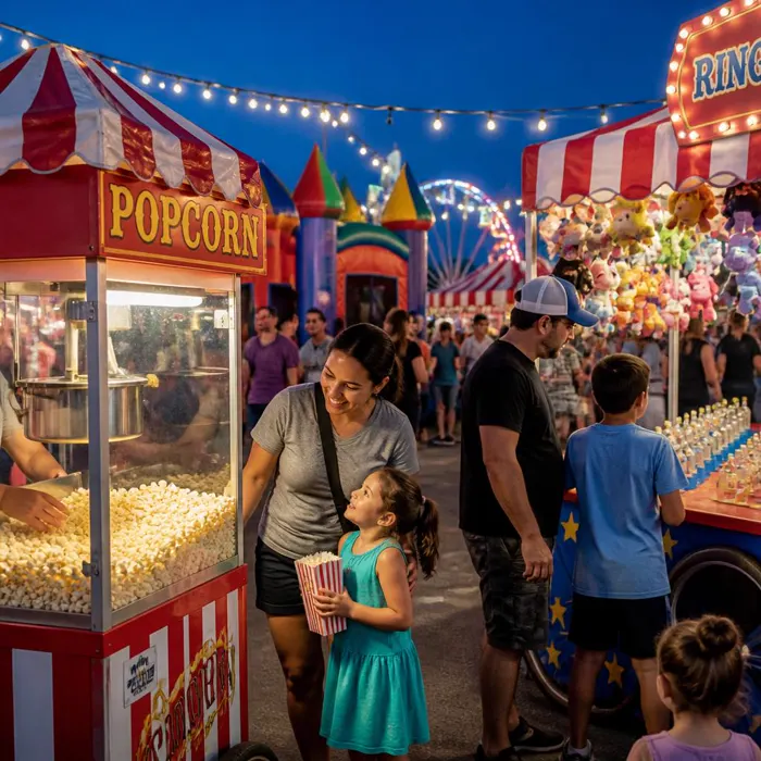 Carnival at night with popcorn stand and bounce castles
