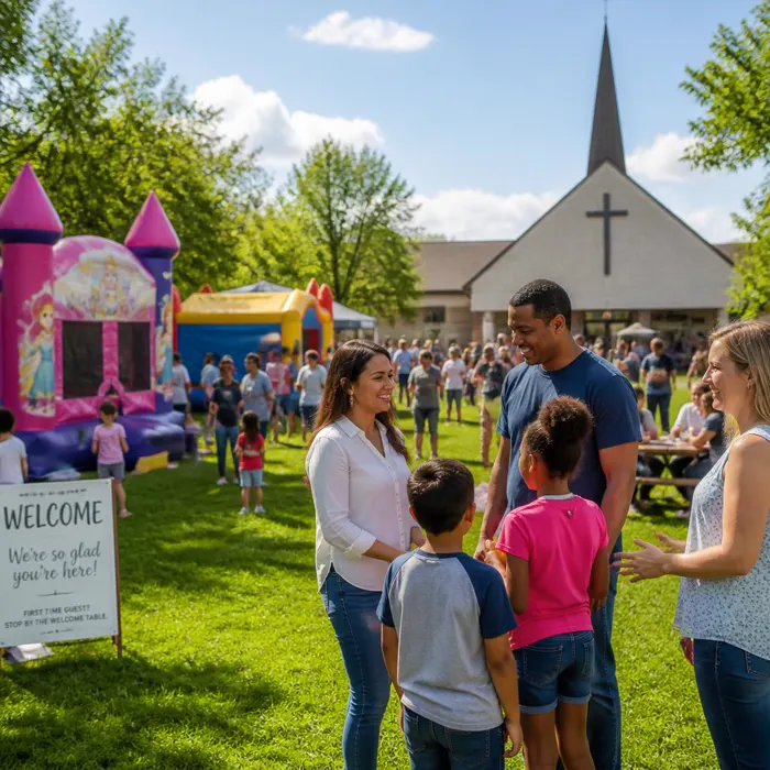 Church community event with bounce houses on a sunny lawn
