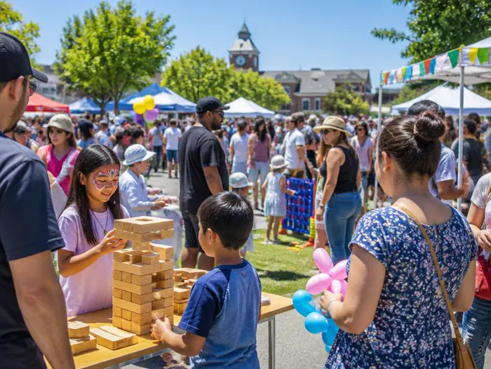 Community fair with families, kids playing games, colorful tents, and a festive town square