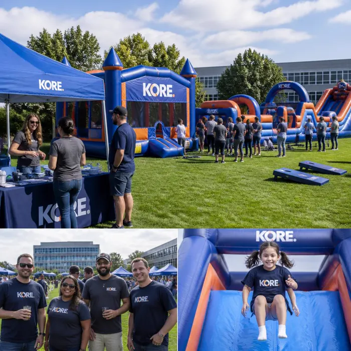 Corporate picnic with branded bounce houses and employees