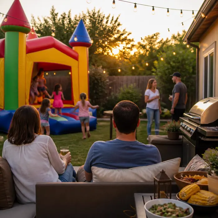 Backyard family gathering with bounce house and string lights