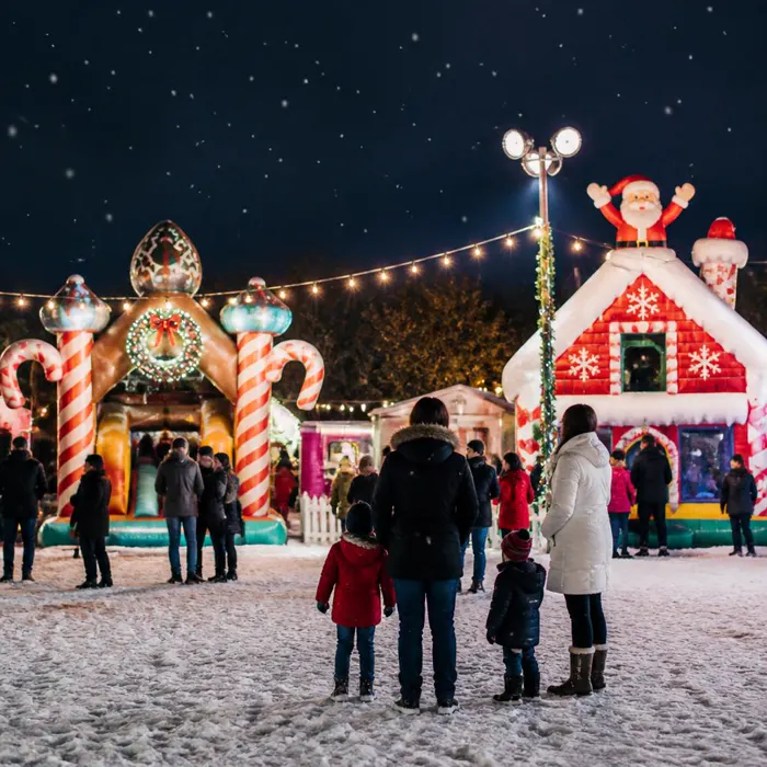 Holiday winter festival with gingerbread bounce house