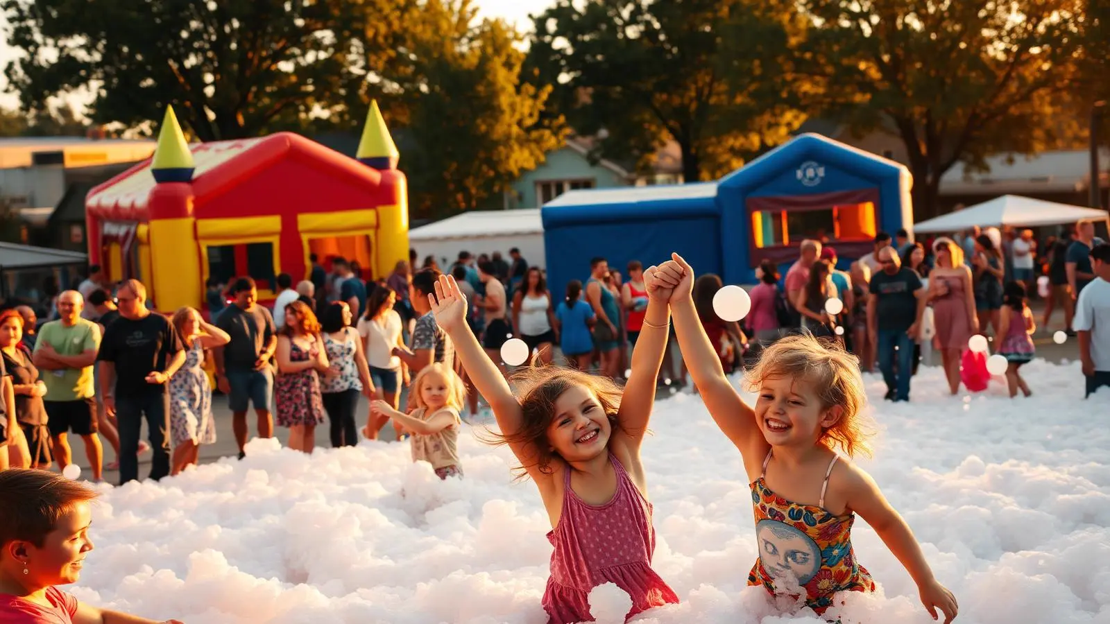 Families celebrating at a community block party with bounce houses and a foam party
