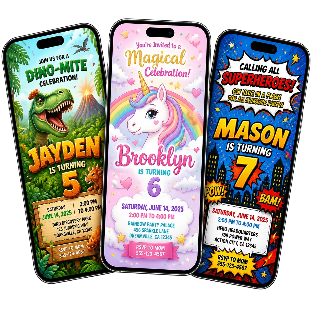 Three free party invitation designs: dinosaur, unicorn and superhero themes