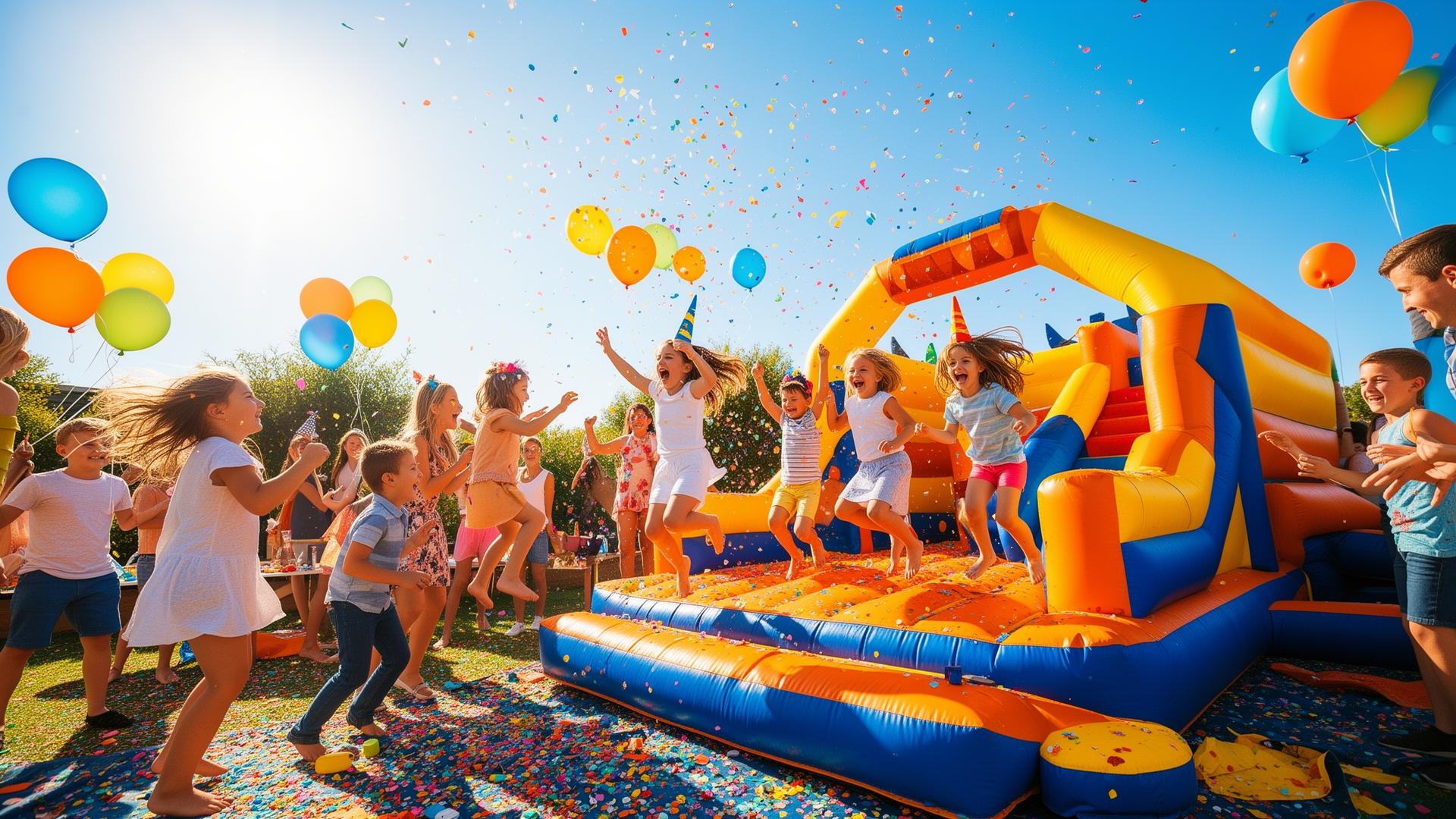 Kids jumping in colorful bounce house at outdoor party