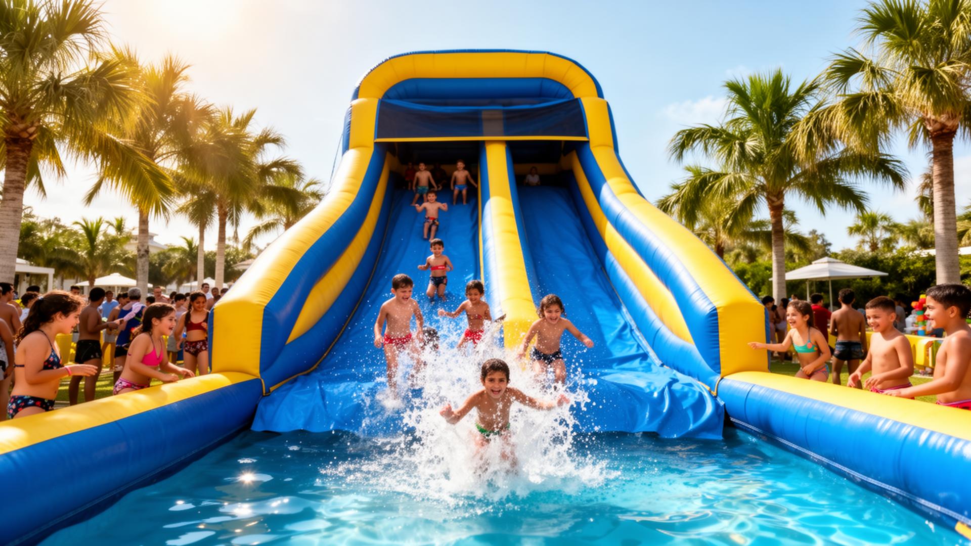 Kids splashing down a giant inflatable water slide