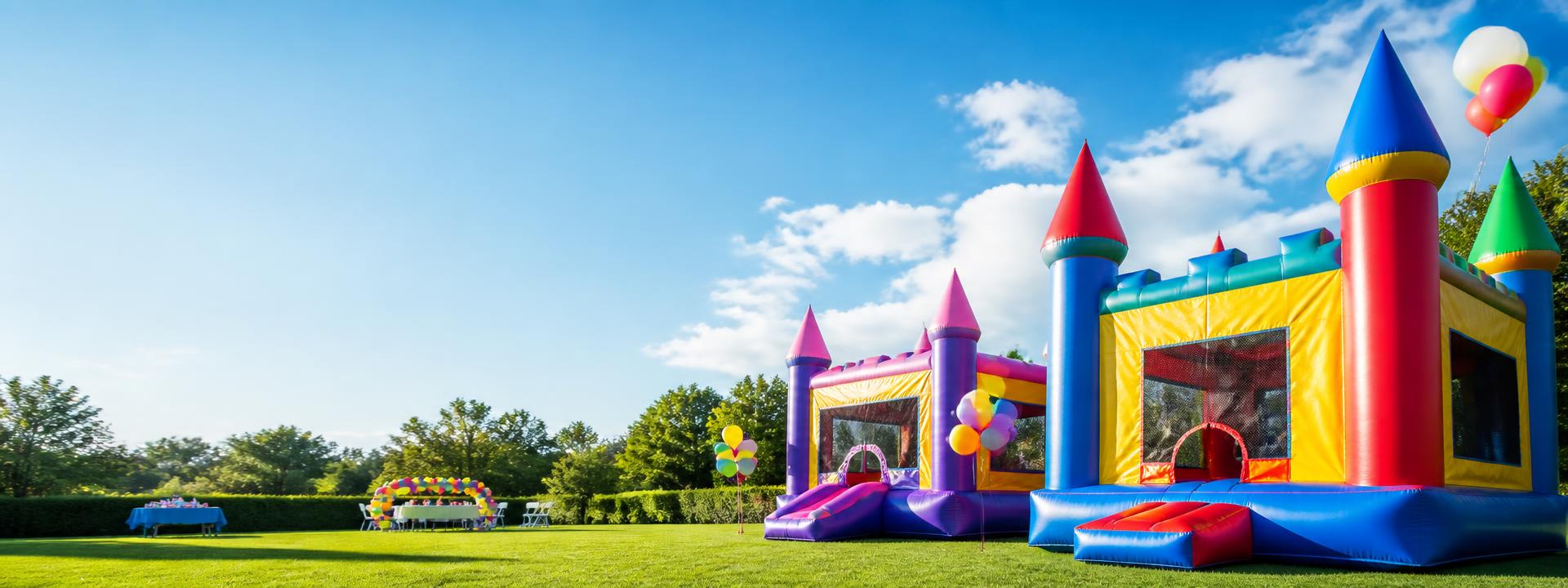 Colorful bounce houses set up on a sunny lawn for a backyard party