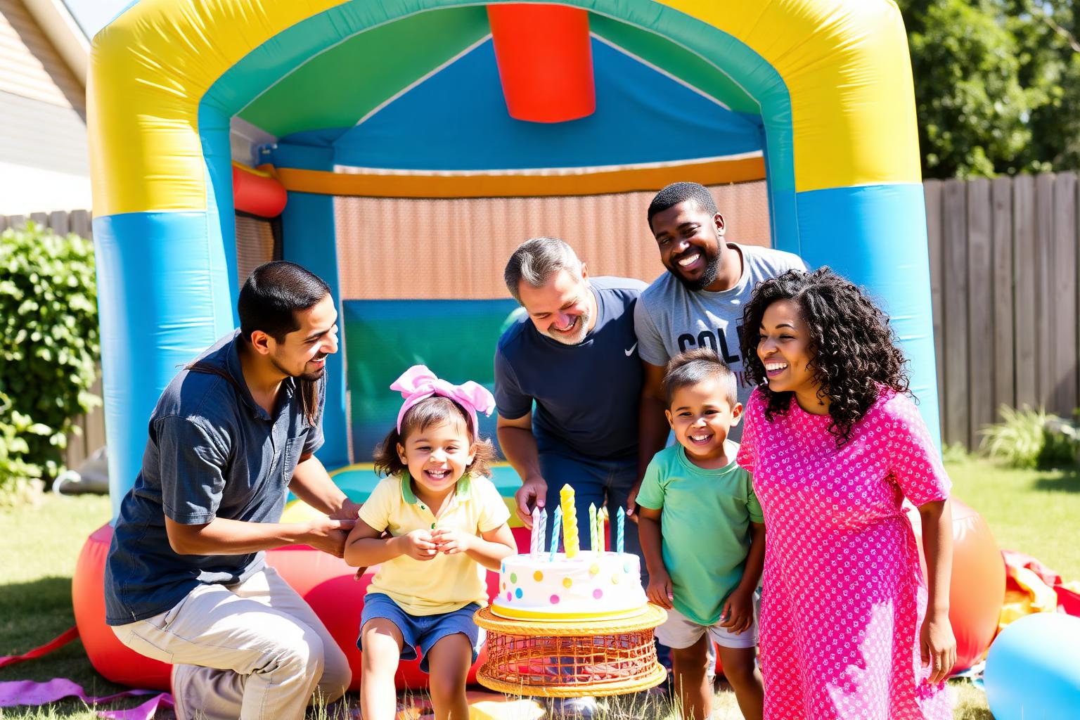 Family celebrating a birthday party with a bounce house