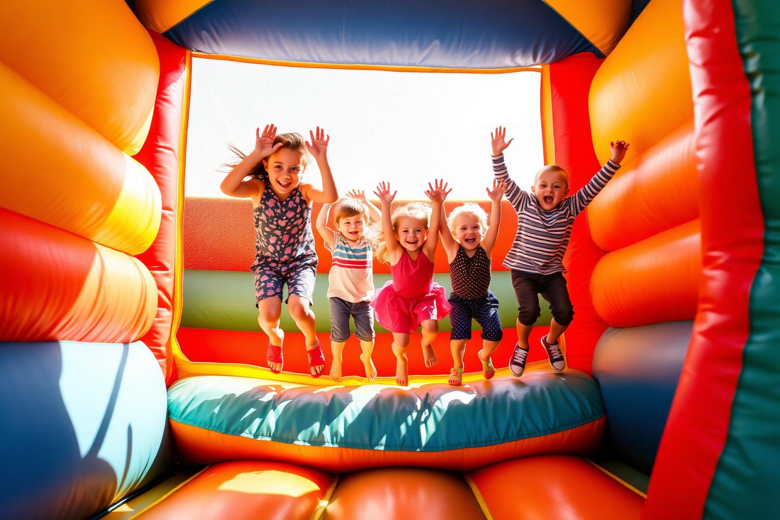 Kids jumping joyfully inside a colorful bounce house