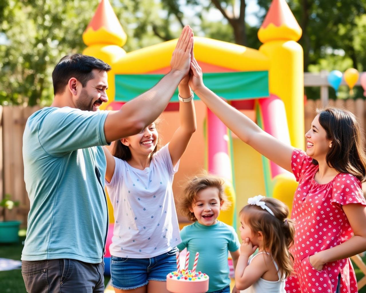 Two families high-fiving at a backyard bounce house party