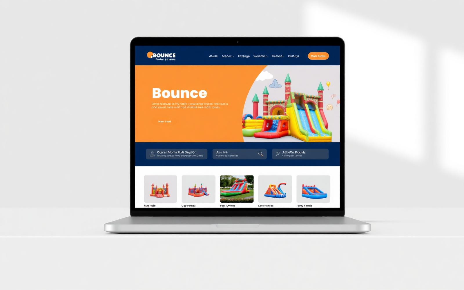 Party rental website storefront homepage shown on a laptop